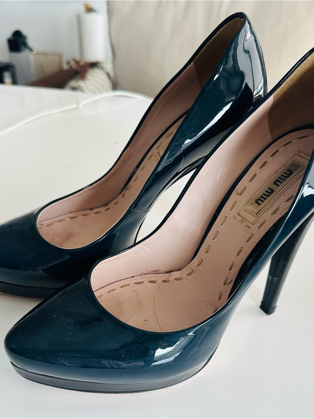 Miu Miu Glossy Teal Patent Leather Platform Pumps
